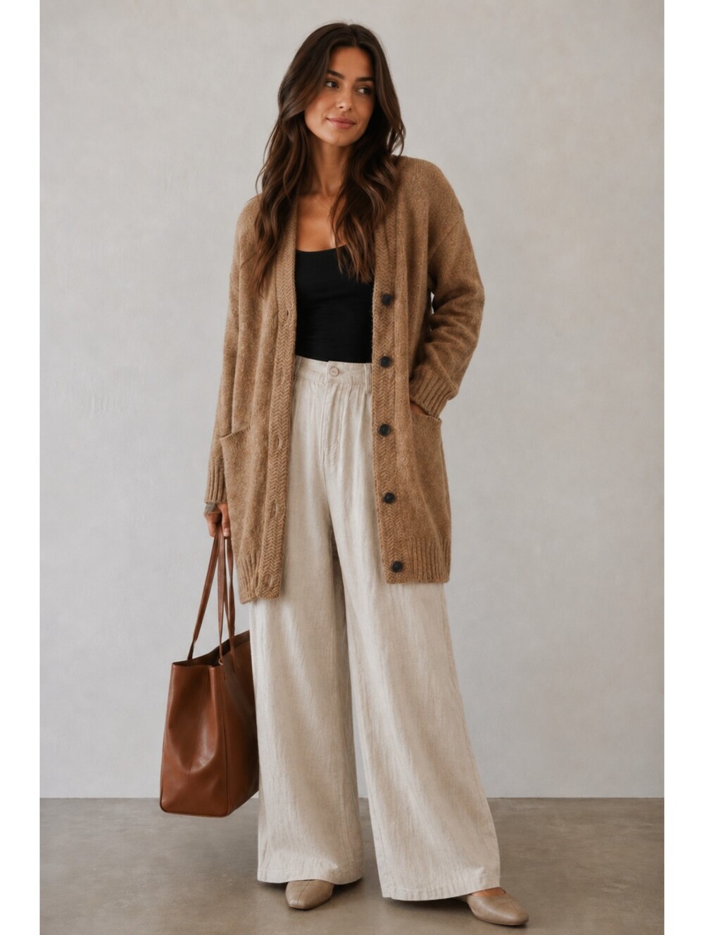Jenni Kayne Camel Alpaca Wool Blend Longline Button Cardigan Sweater Small